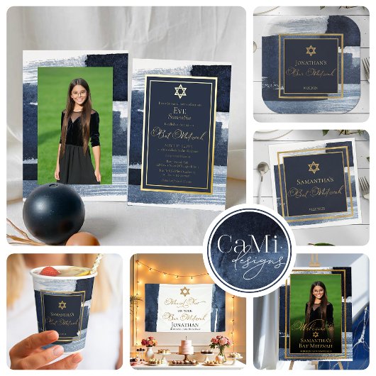 バルミツワー旗 | ネイビーブルーウォーターカラー抽象芸術 横断幕