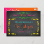 バルミツワー日付はがきを保存 – Chalkboard 案内ポストカード (正面/裏面)