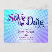 バルミツワー日付を保存レトロブルーパープルグラデーション インビテーションポストカード (正面)