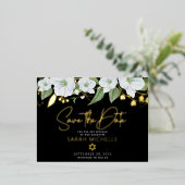 バルミツワー日付フローラ黒の実在金ゴールドを保存 箔招待状ポストカード (立ち正面)