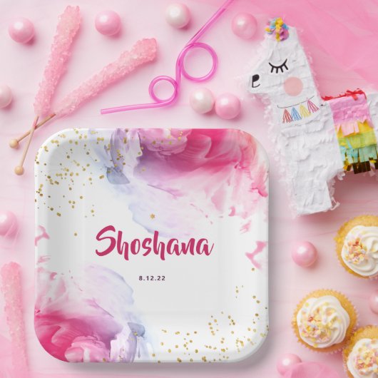 バルミツワー水彩グリッターピンクパープル紙P ペーパープレート (パーティー)