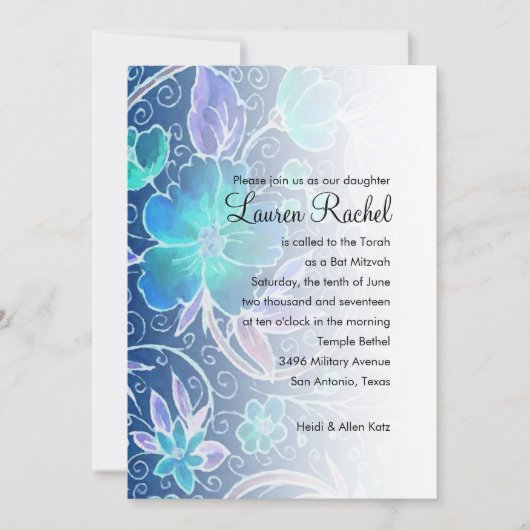 バルミツワー水彩花模様 招待状 (正面)
