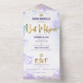 バルミツワー紫の水色金ゴールド モダン オールインワン招待状 (内側)