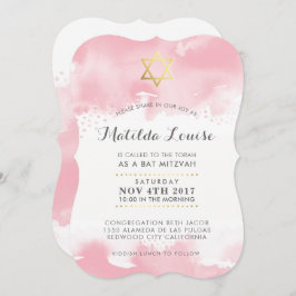 バルミツワー金ゴールドかわいらしピンクウォーター招待状 招待状