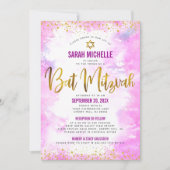 バルミツワー金ゴールドグリッターピンクウォーターカラー2会場 招待状 (正面)