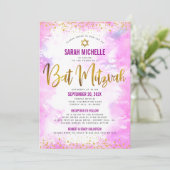 バルミツワー金ゴールドグリッターピンクウォーターカラー2会場 招待状 (スタンド正面)