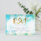 バルミツワー金ゴールドフォイルターコイズ水彩画 出欠カード (スタンド正面)