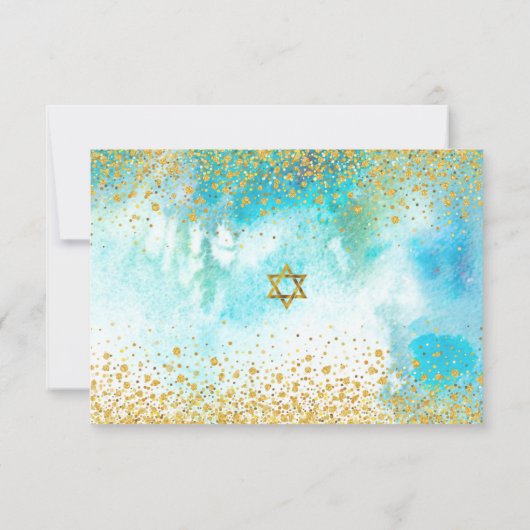 バルミツワー金ゴールドフォイルターコイズ水彩画 出欠カード (裏面)