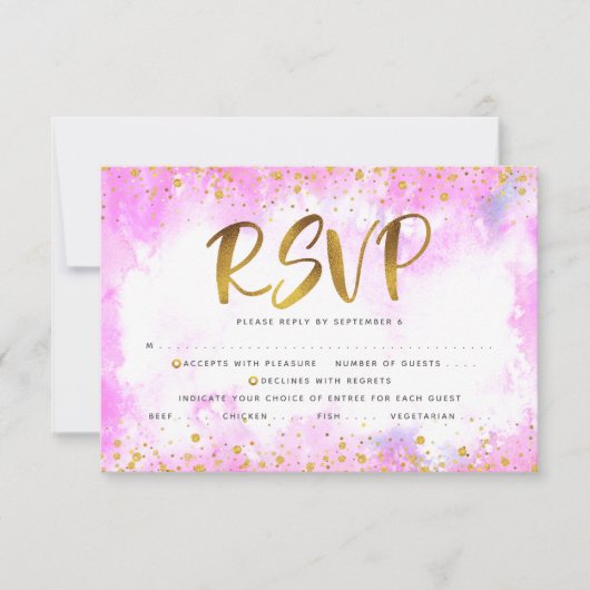 バルミツワー金ゴールドホイガーリールピンクウォーターカラーエントレ 出欠カード (正面)