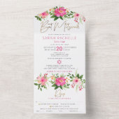 バルミツワー金ゴールド型ピンクフローラ水彩パーティー オールインワン招待状 (内側)