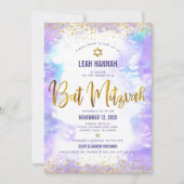 バルミツワー金ゴールド箔と紫モダン水色 招待状 (正面)
