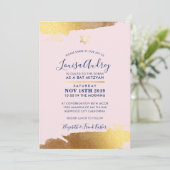 バルミツワー金モダン金金ゴールドネイビー赤面ピンク 招待状 (スタンド正面)