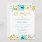 バルミツワー |ターコイズミント金ゴールドフローラ 招待状 (正面)