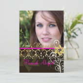 バルミツワー/ヴィンテージ·ダマスク/スワール/ホットピンク 招待状 (スタンド正面)