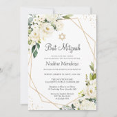 バルミツワー |緑の白いバラのフローラ幾何学的 招待状 (正面)