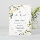 バルミツワー |緑の白いバラのフローラ幾何学的 招待状 (スタンド正面)