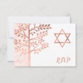バルミツワーRSVPばら色の金ゴールドの生命の樹 出欠カード (正面)