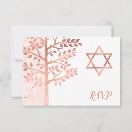 バルミツワーRSVPばら色の金ゴールドの生命の樹 出欠カード (正面)