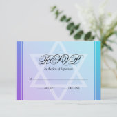 バルミツワーRSVPティール（緑がかった色）の紫色のダビデの星 出欠カード (スタンド正面)