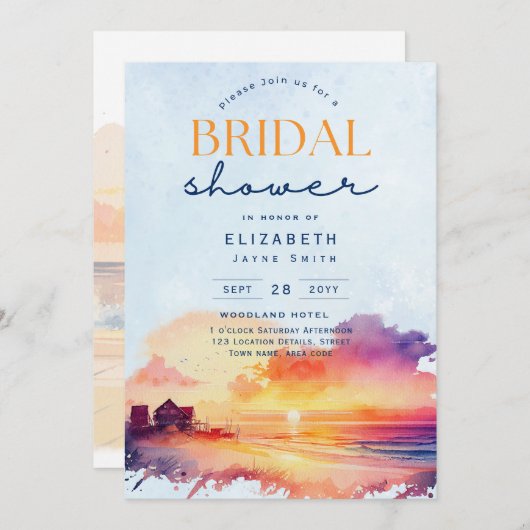 バルミー日 |トロピカルサンセットビーチブライダルシャワー 招待状 (正面/裏面)