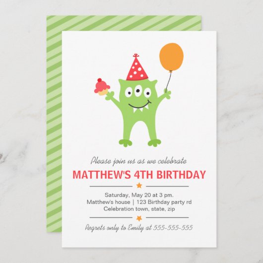 バルーおもしろいンとカップケーキの誕生日の怪物 招待状 (正面/裏面)
