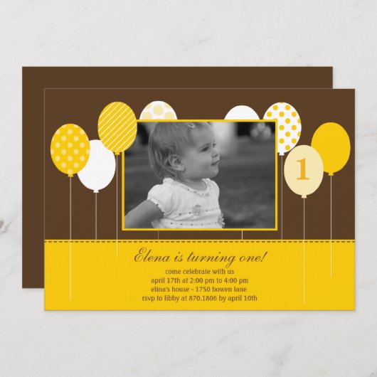 バルーモダンンフォト誕生日招待状-黄色 招待状 (正面/裏面)