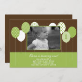 バルーモダンン写真誕生日招待状-緑 招待状 (正面/裏面)