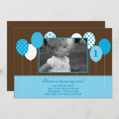 バルーモダンン写真誕生日招待状-青 招待状 (正面/裏面)