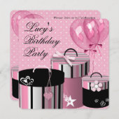 バルーンかわいらしギフトピンクと黒の誕生日パーティー 招待状 (正面/裏面)