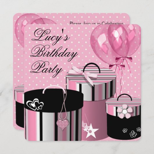 バルーンかわいらしギフトピンクと黒の誕生日パーティー 招待状 (正面/裏面)