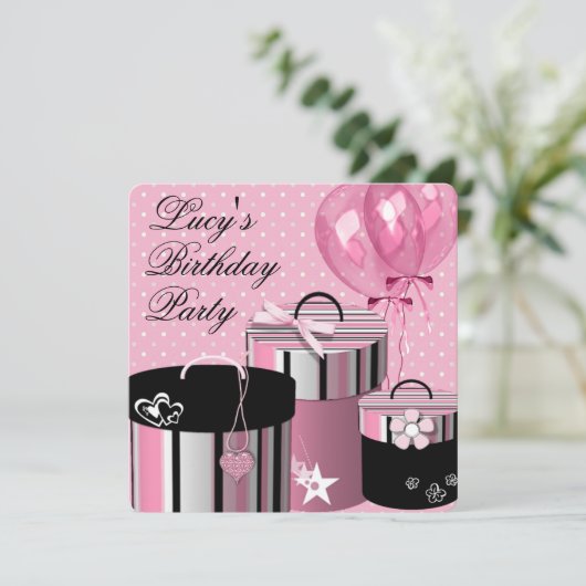 バルーンかわいらしギフトピンクと黒の誕生日パーティー 招待状 (スタンド正面)