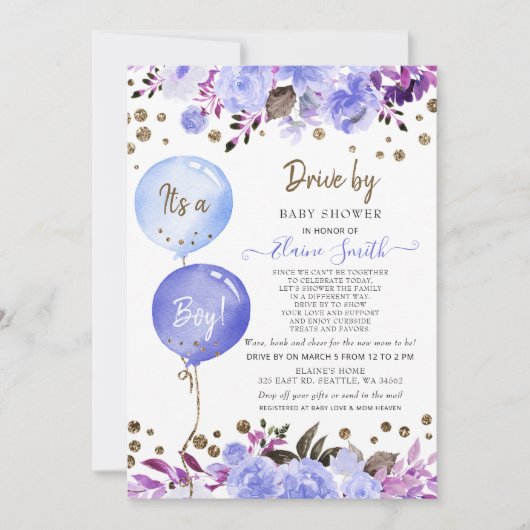 バルーンでドライブ青いフローラ男の子ベイビーシャワー 招待状 (正面)