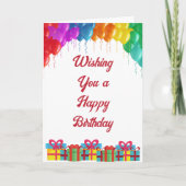 バルーンとカラフルプレゼント付きハッピーバースデー カード (正面)