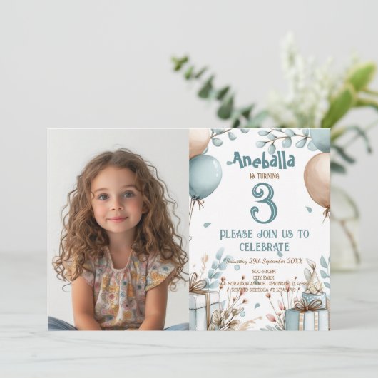 バルーンとギフトボックステーマ誕生日パーティー 招待状 (スタンド正面)