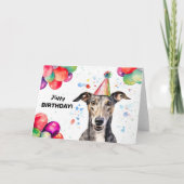 バルーンとパーティーハット誕生日付きグレイハウンド犬 カード (正面)