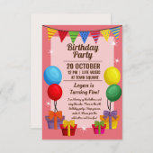 バルーンとプレゼント付きの誕生日パーティーの招待状 エンクロージャーカード (正面/裏面)