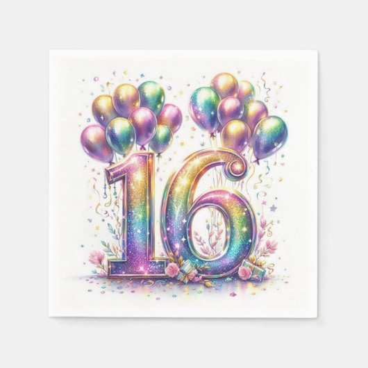 バルーンと紙吹雪付きキラキラ番号16 スタンダードカクテルナプキン (正面)
