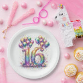 バルーンと紙吹雪付きキラキラ番号16 ペーパープレート (パーティー)