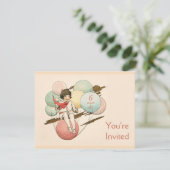 バルーンに乗ったヴィンテージの誕生日招待状の女の子 招待状 (スタンド正面)