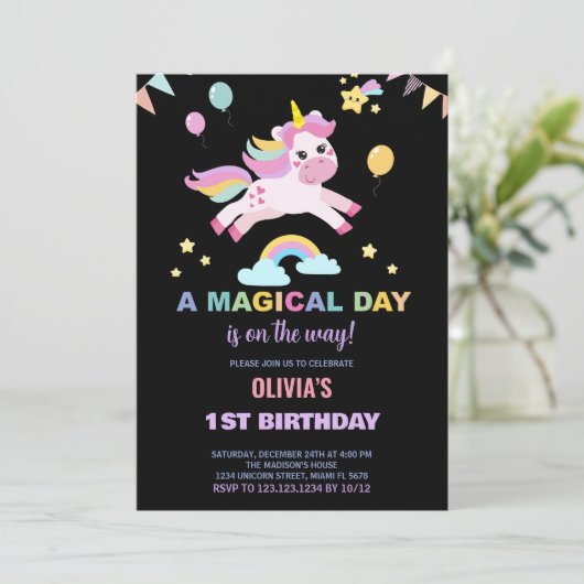 バルーンのフラグUnicorns誕生日招待状 招待状 (スタンド正面)