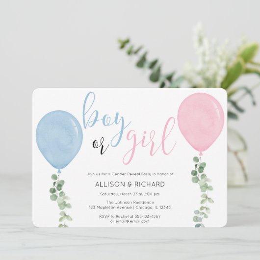 バルーンの水彩の性別表示パーティー 招待状 (スタンド正面)