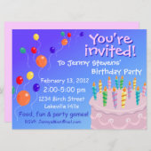 バルーンの祭典 ピンクのフローイング バースデーケーキ 招待状 (正面/裏面)