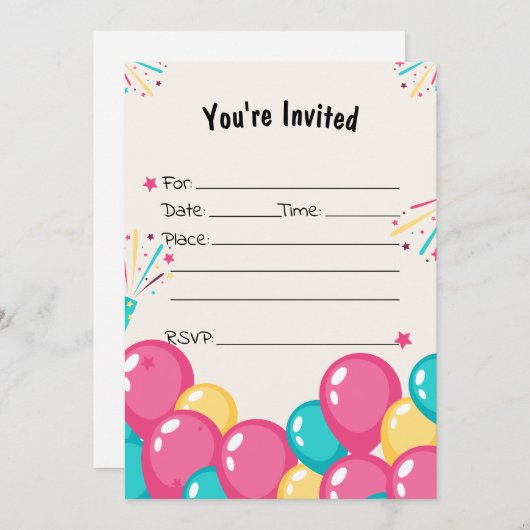 バルーンの空白の誕生日招待状 招待状 (正面/裏面)