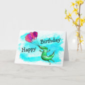 バルーンの誕生日カードを持つ恐竜 カード (黄色い花)