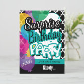 バルーンをティール(緑がかった色)に持つサプライズ00th誕生日パーティー 招待状 (スタンド正面)