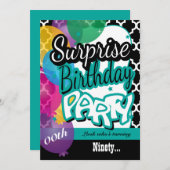 バルーンをティール(緑がかった色)に持つサプライズ00th誕生日パーティー 招待状 (正面/裏面)