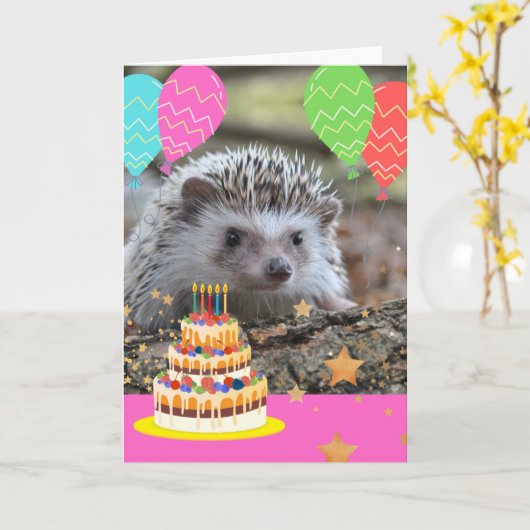 バルーンを使用した誕生日のためにエッジ上のハリネズミ カード (黄色い花)