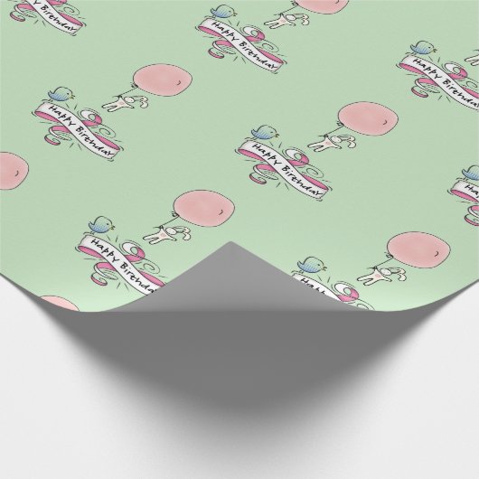 バルーンを押さえたかわいいバニーハッピーバースデー ラッピングペーパー (角)