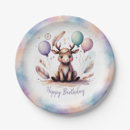 バルーンを持ったかわいい水彩のムースの誕生日 ペーパープレート