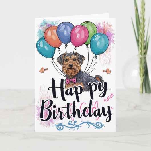 バルーンを持ったエアデール 誕生日 カード (正面)